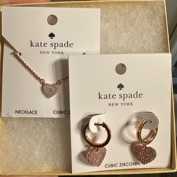Kate Spade Yours Truly Rose Gold Cubic Zirconia Heart Necklace and Earrings Set - Picture 1 of 2